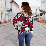 Red Peony Skull Pattern Print Off Shoulder Sweatshirt GearFrost