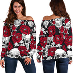 Red Peony Skull Pattern Print Off Shoulder Sweatshirt GearFrost