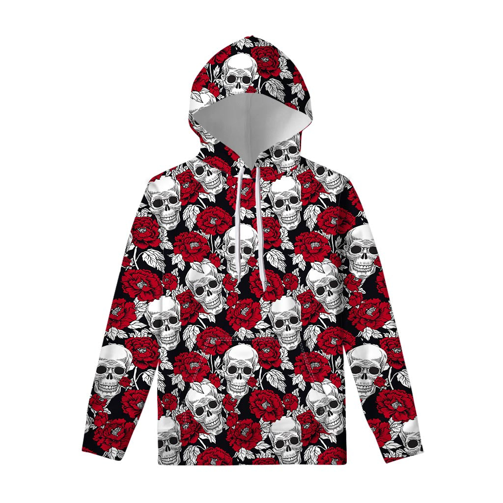 Red Peony Skull Pattern Print Pullover Hoodie