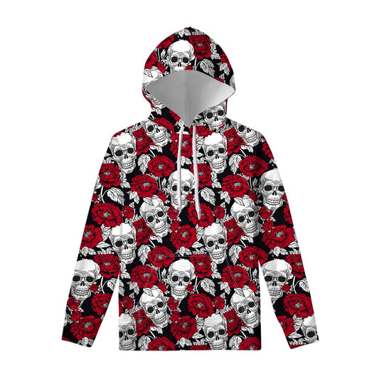 Red Peony Skull Pattern Print Pullover Hoodie
