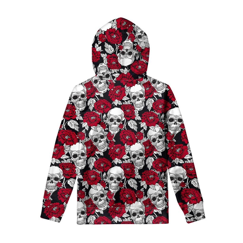 Red Peony Skull Pattern Print Pullover Hoodie