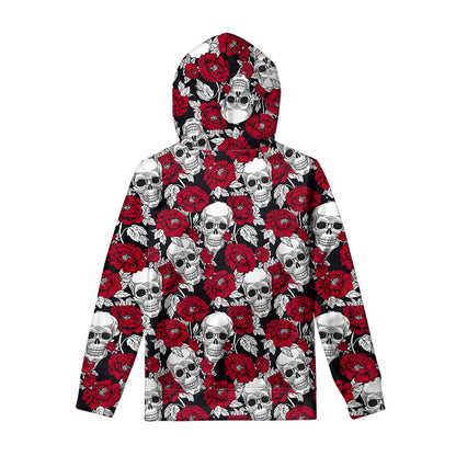 Red Peony Skull Pattern Print Pullover Hoodie