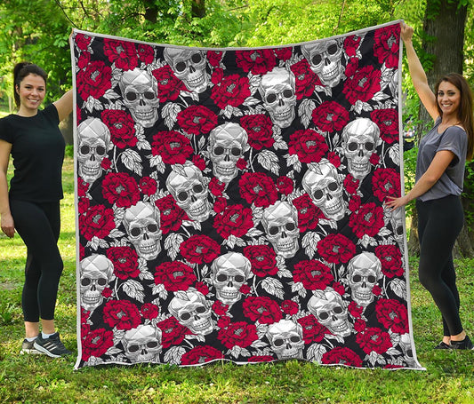 Red Peony Skull Pattern Print Quilt