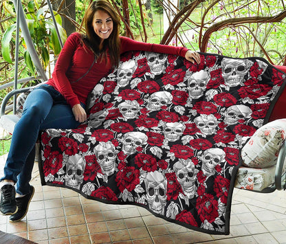 Red Peony Skull Pattern Print Quilt