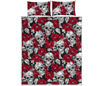Red Peony Skull Pattern Print Quilt Bed Set