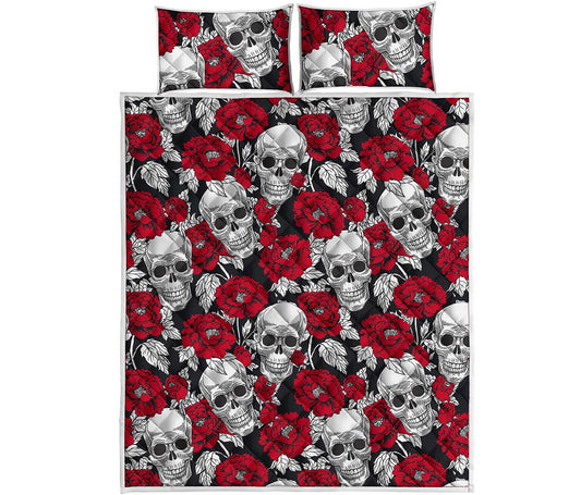 Red Peony Skull Pattern Print Quilt Bed Set