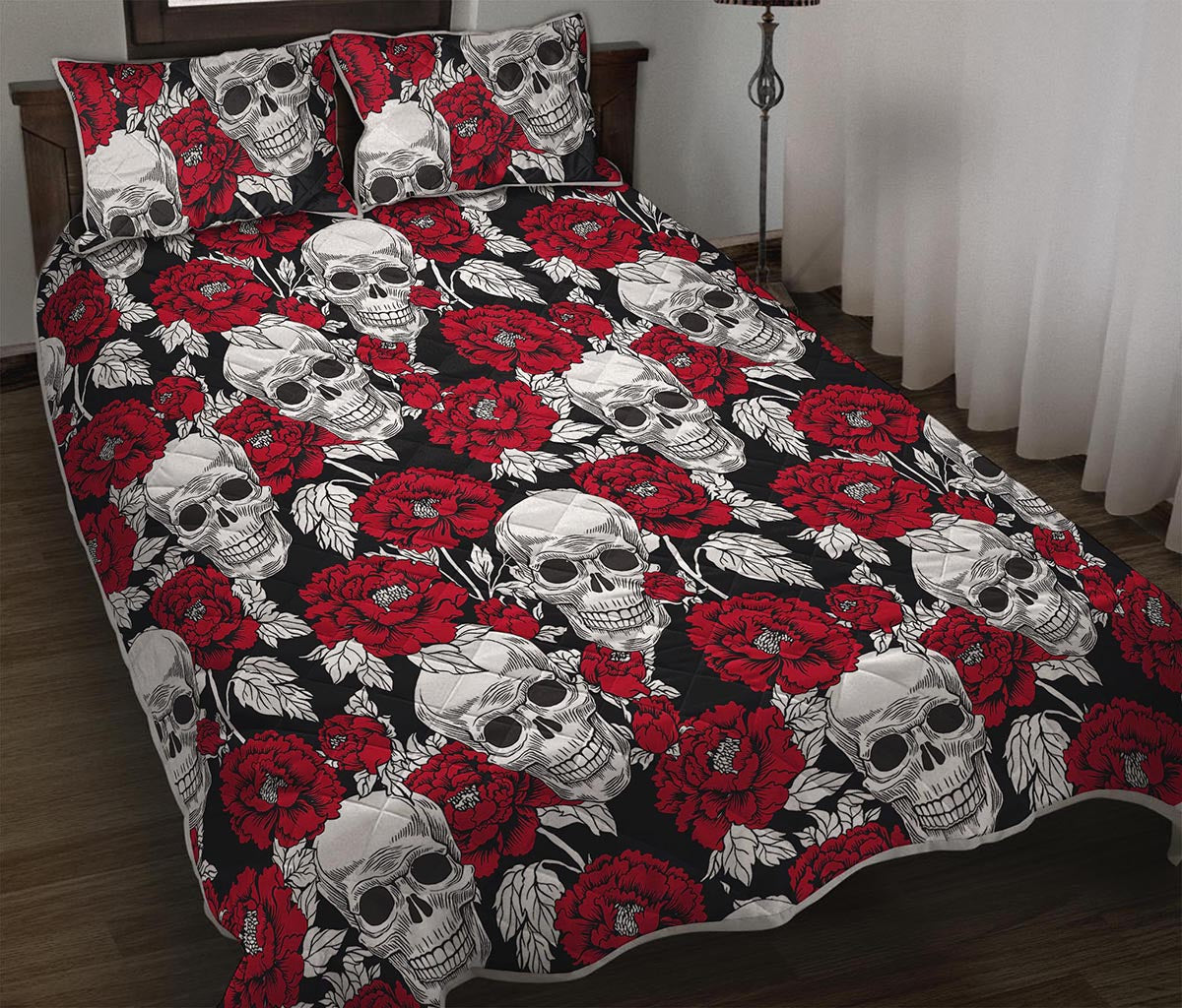 Red Peony Skull Pattern Print Quilt Bed Set