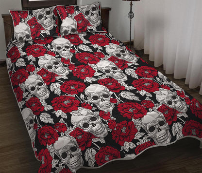 Red Peony Skull Pattern Print Quilt Bed Set