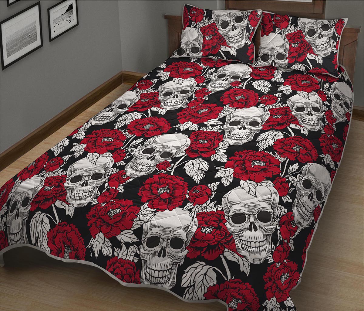 Red Peony Skull Pattern Print Quilt Bed Set