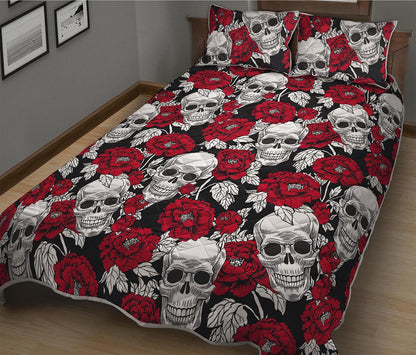 Red Peony Skull Pattern Print Quilt Bed Set