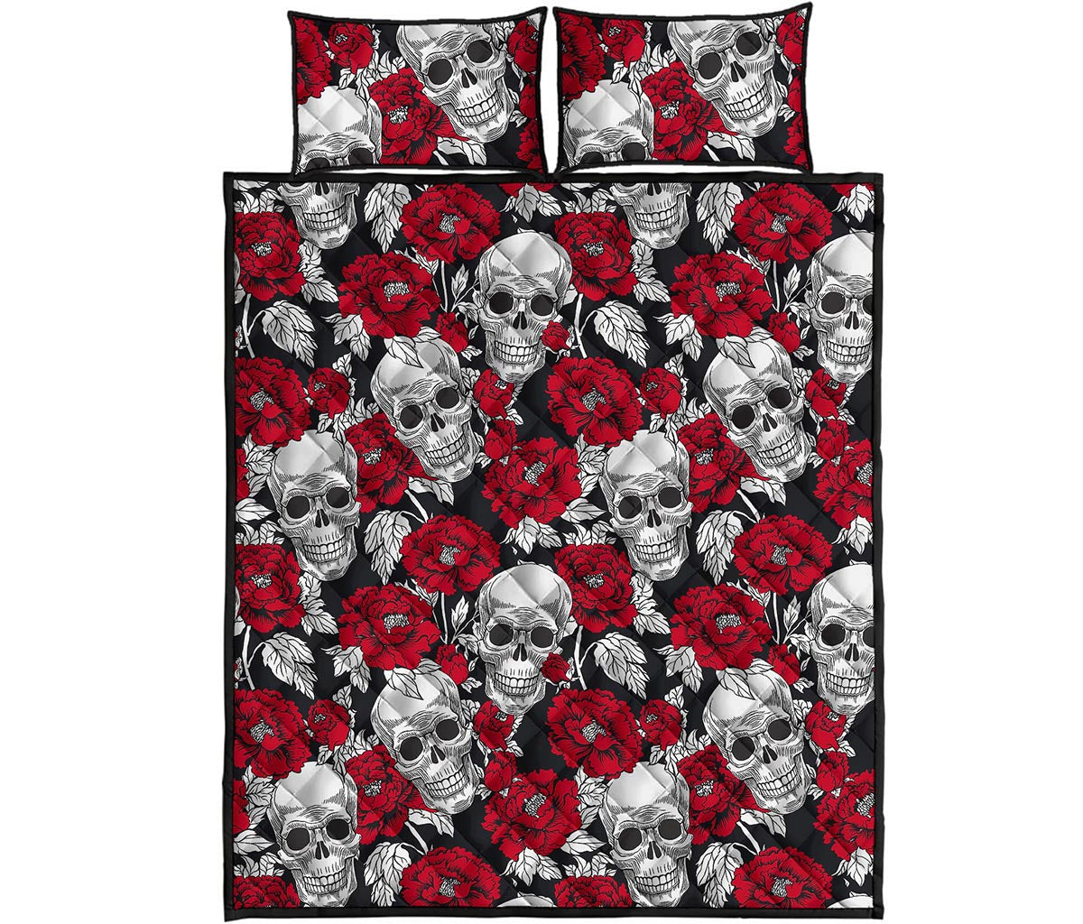 Red Peony Skull Pattern Print Quilt Bed Set