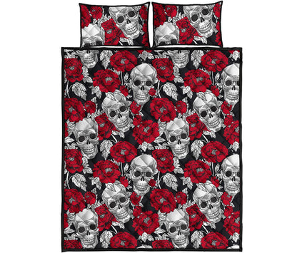 Red Peony Skull Pattern Print Quilt Bed Set