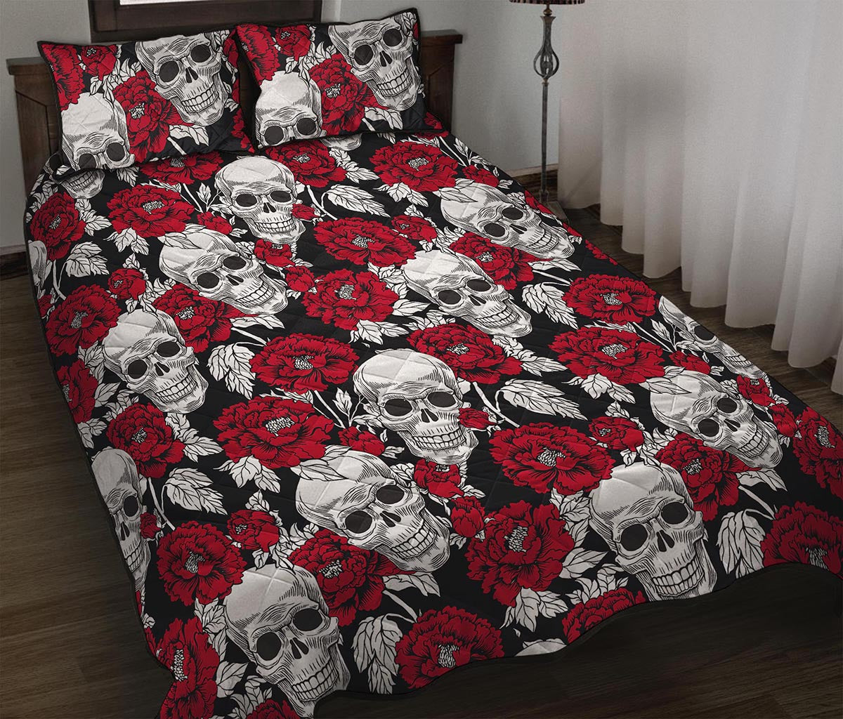 Red Peony Skull Pattern Print Quilt Bed Set