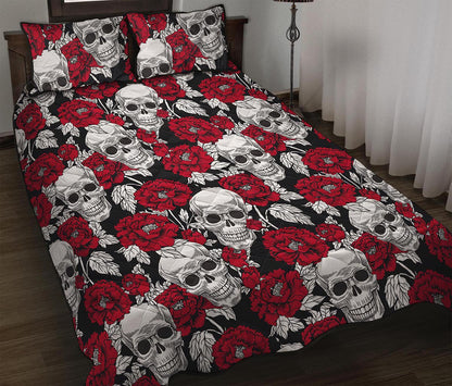 Red Peony Skull Pattern Print Quilt Bed Set