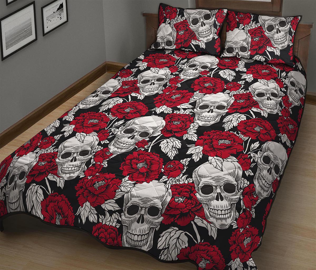 Red Peony Skull Pattern Print Quilt Bed Set