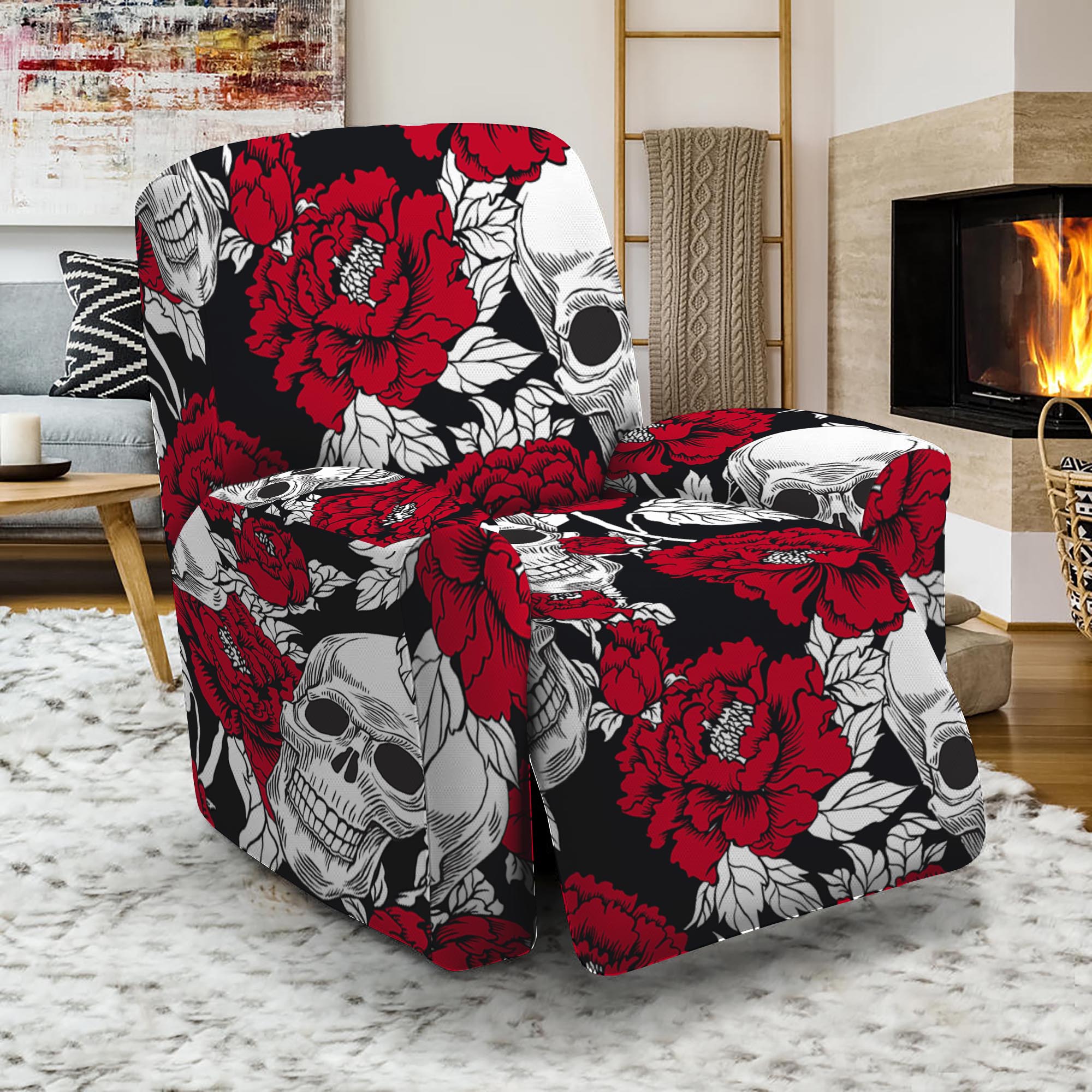 Red Peony Skull Pattern Print Recliner Slipcover