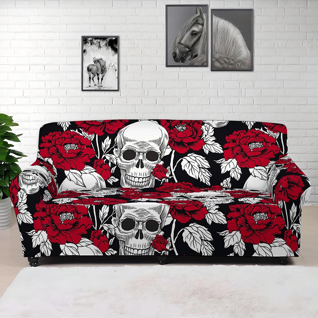 Red Peony Skull Pattern Print Sofa Cover