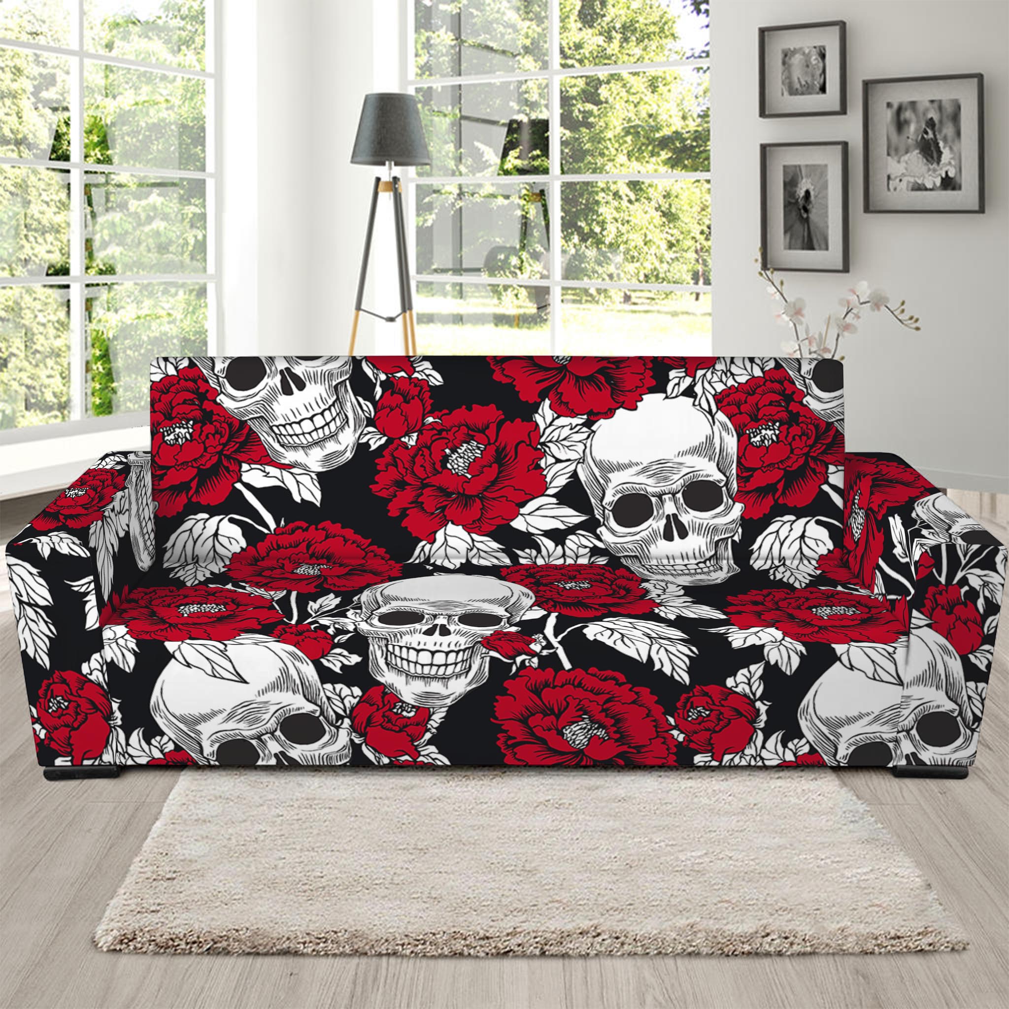 Red Peony Skull Pattern Print Sofa Slipcover