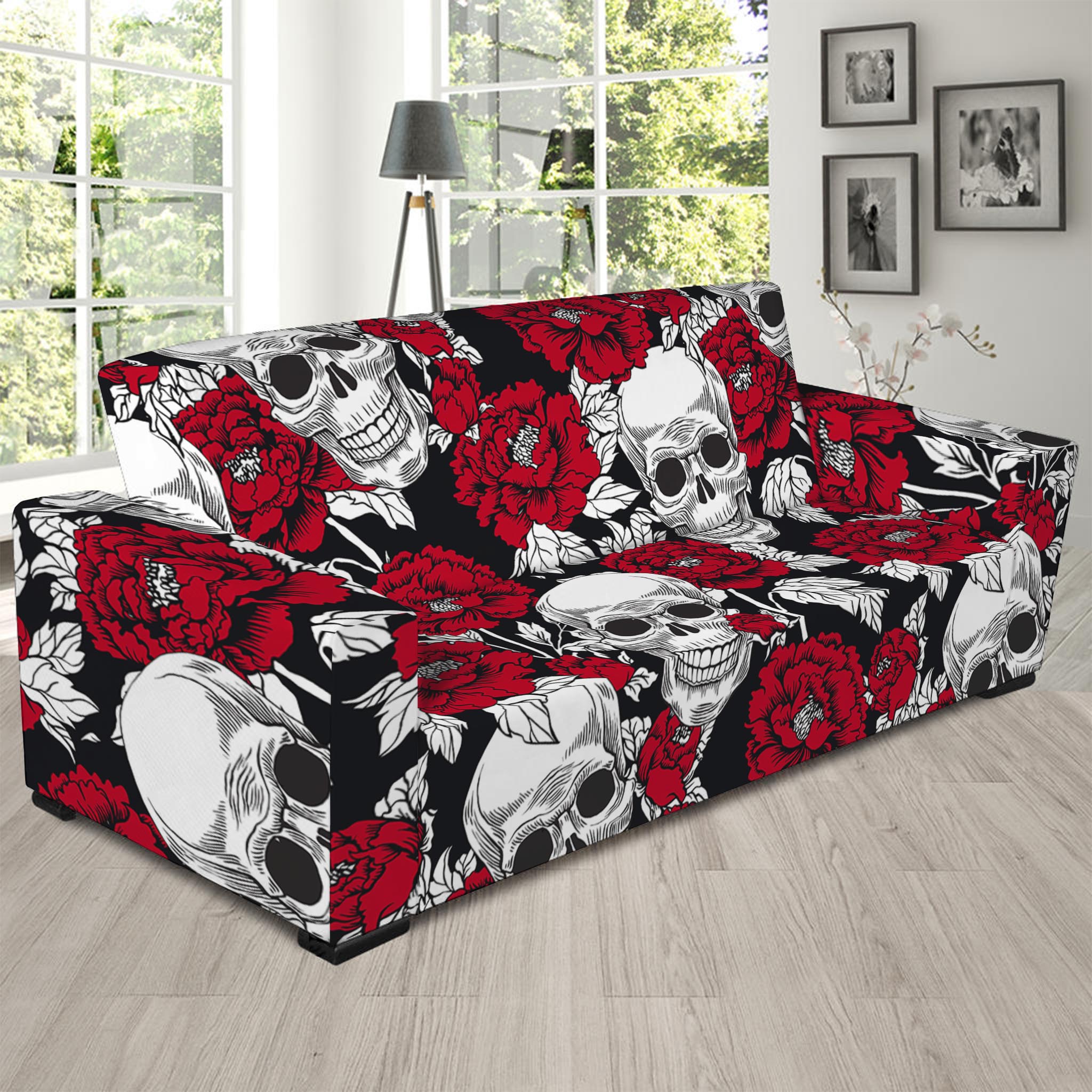 Red Peony Skull Pattern Print Sofa Slipcover