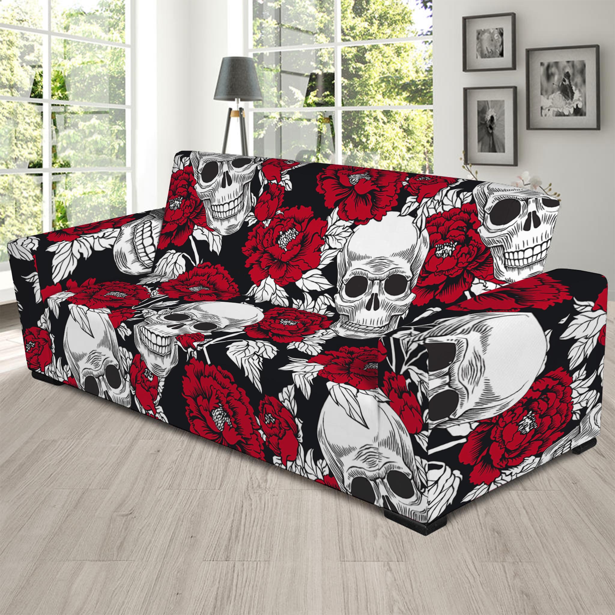 Red Peony Skull Pattern Print Sofa Slipcover