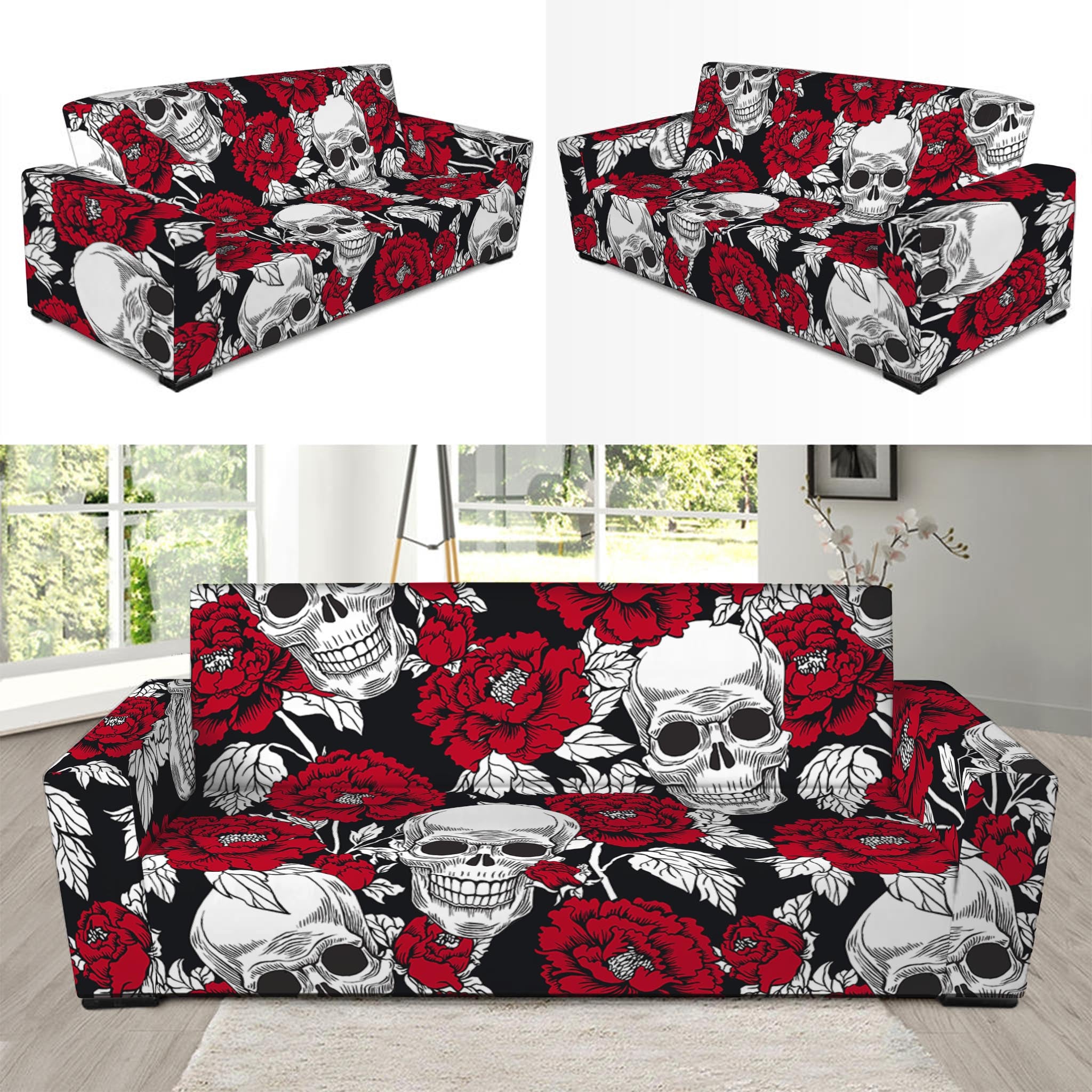 Red Peony Skull Pattern Print Sofa Slipcover