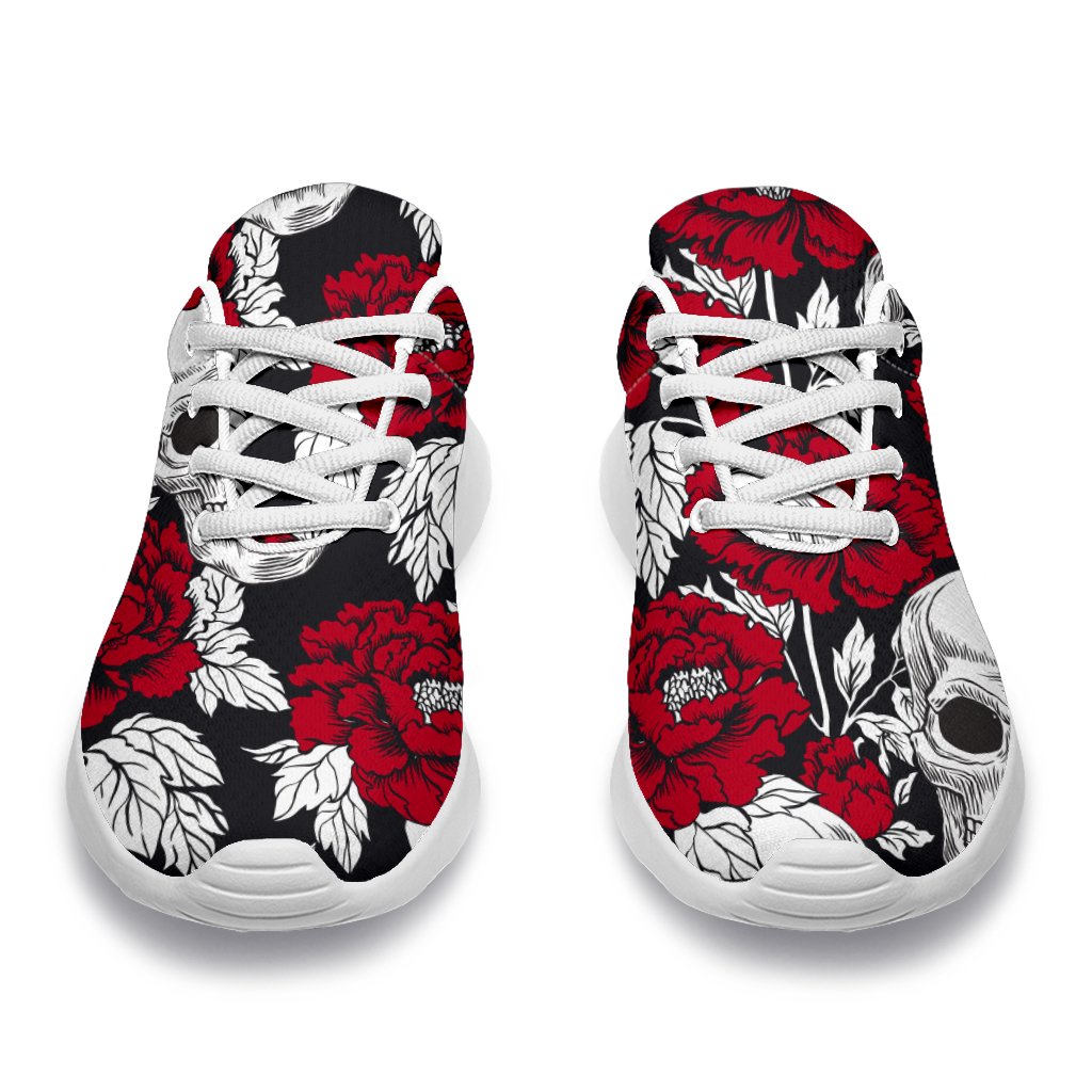 Red Peony Skull Pattern Print Sport Shoes GearFrost