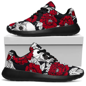 Red Peony Skull Pattern Print Sport Shoes GearFrost