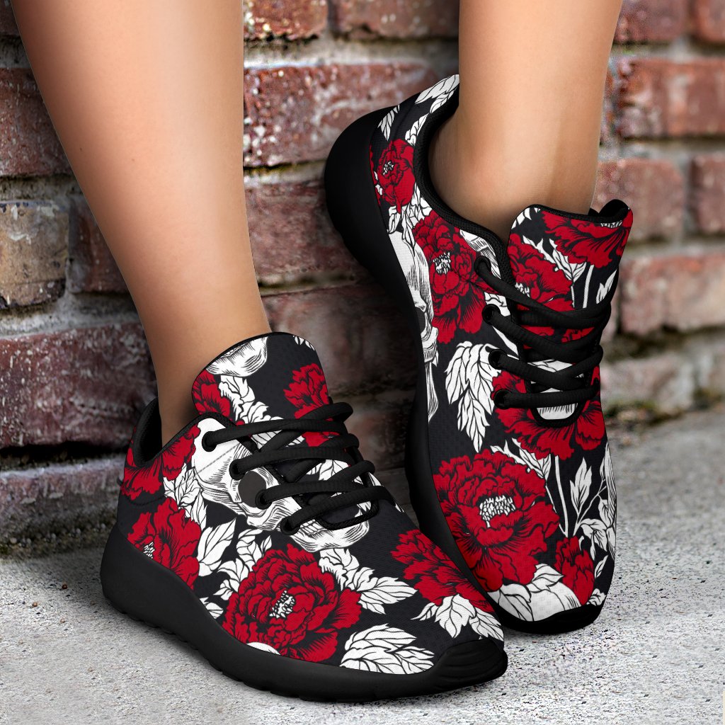 Red Peony Skull Pattern Print Sport Shoes GearFrost