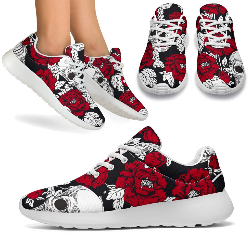 Red Peony Skull Pattern Print Sport Shoes GearFrost