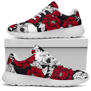 Red Peony Skull Pattern Print Sport Shoes GearFrost