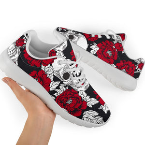 Red Peony Skull Pattern Print Sport Shoes GearFrost