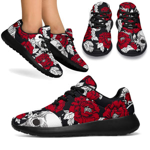 Red Peony Skull Pattern Print Sport Shoes GearFrost