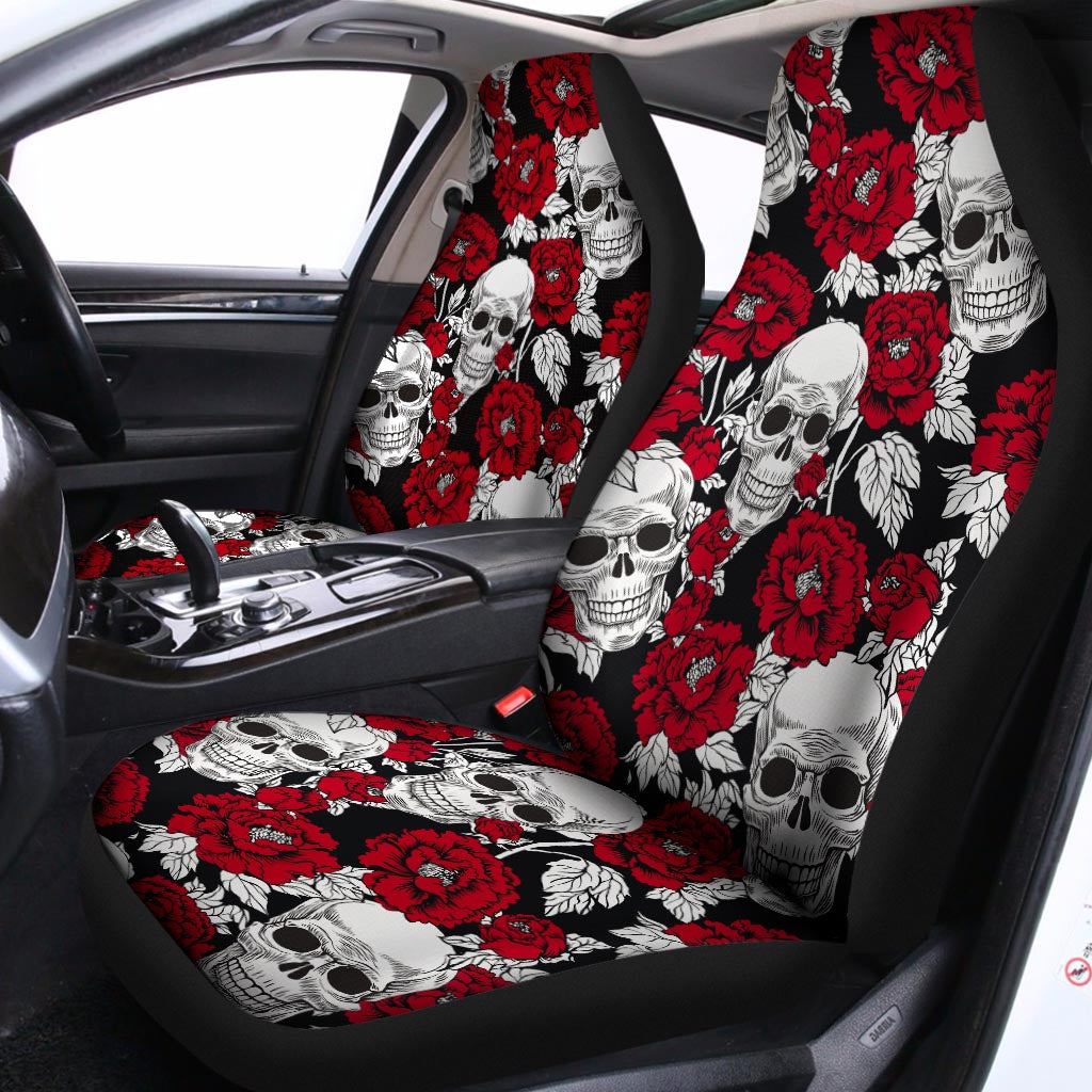 Red Peony Skull Pattern Print Universal Fit Car Seat Covers