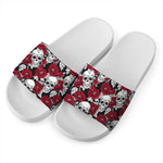 Red Peony Skull Pattern Print White Slide Sandals