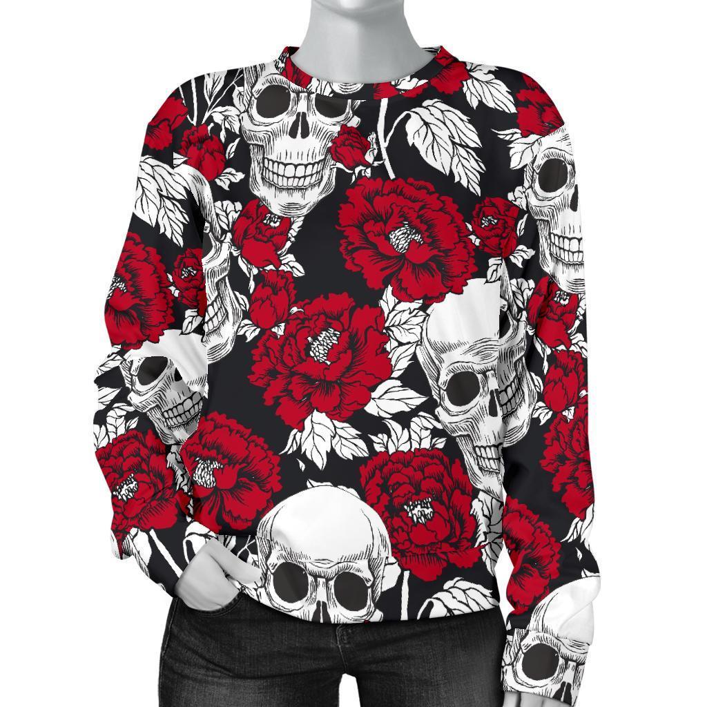 Red Peony Skull Pattern Print Women's Crewneck Sweatshirt GearFrost