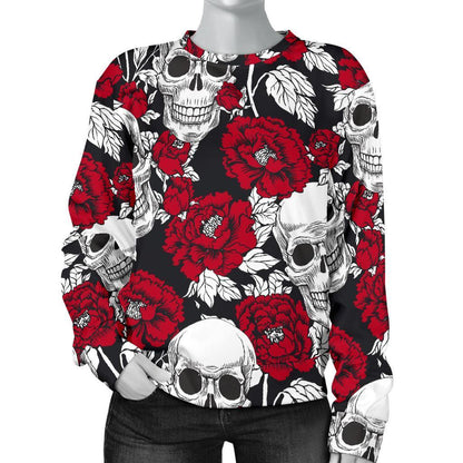 Red Peony Skull Pattern Print Women's Crewneck Sweatshirt GearFrost