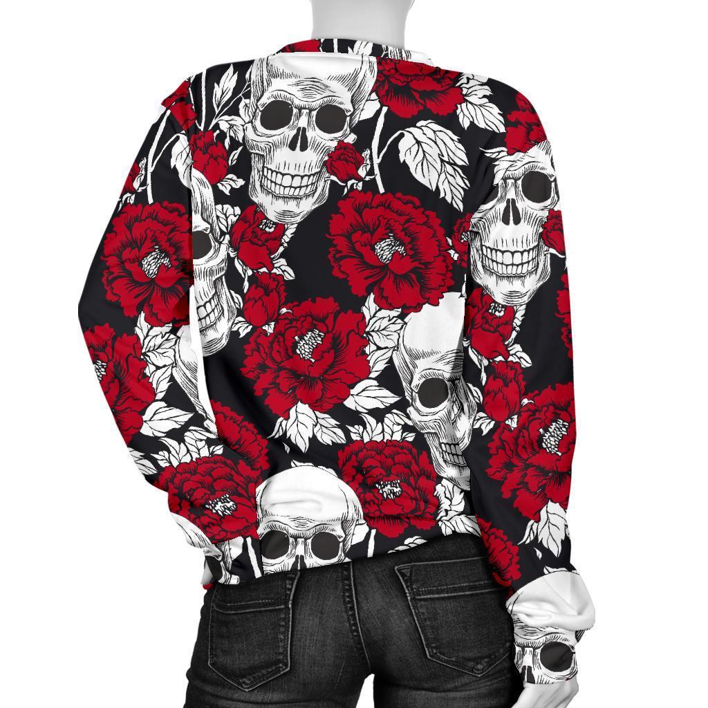 Red Peony Skull Pattern Print Women's Crewneck Sweatshirt GearFrost