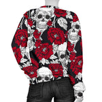 Red Peony Skull Pattern Print Women's Crewneck Sweatshirt GearFrost