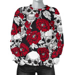 Red Peony Skull Pattern Print Women's Crewneck Sweatshirt GearFrost