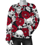 Red Peony Skull Pattern Print Women's Crewneck Sweatshirt GearFrost
