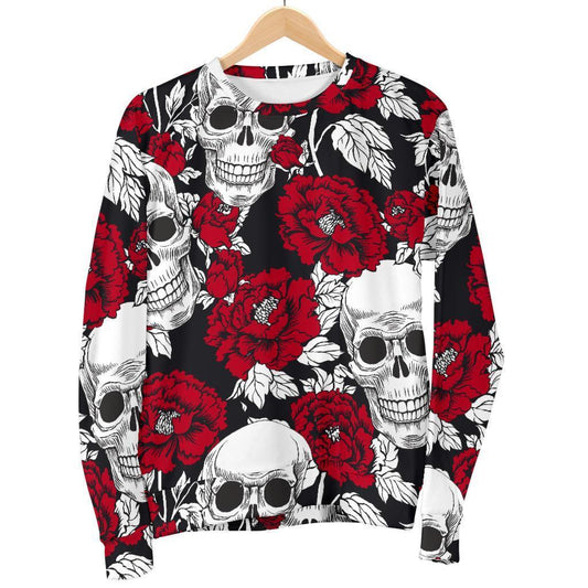Red Peony Skull Pattern Print Women's Crewneck Sweatshirt GearFrost