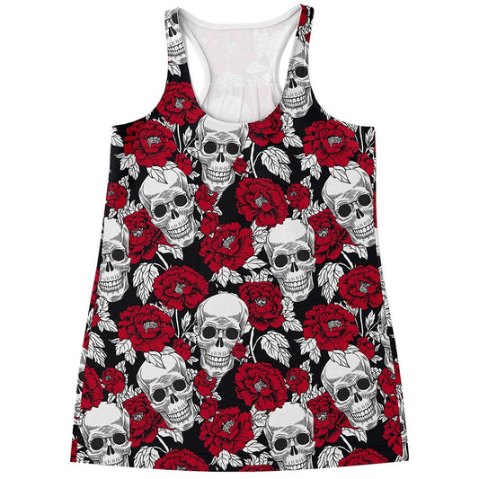 Red Peony Skull Pattern Print Women's Racerback Tank Top