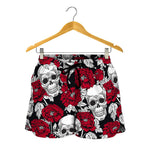 Red Peony Skull Pattern Print Women's Shorts