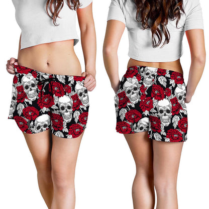 Red Peony Skull Pattern Print Women's Shorts