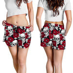 Red Peony Skull Pattern Print Women's Shorts