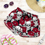 Red Peony Skull Pattern Print Women's Shorts