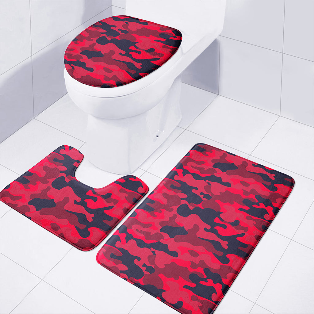 Red Pink And Black Camouflage Print 3 Piece Bath Mat Set