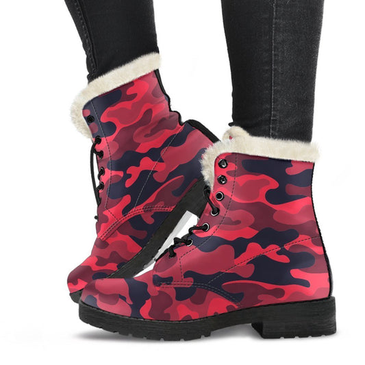 Red Pink And Black Camouflage Print Comfy Boots GearFrost