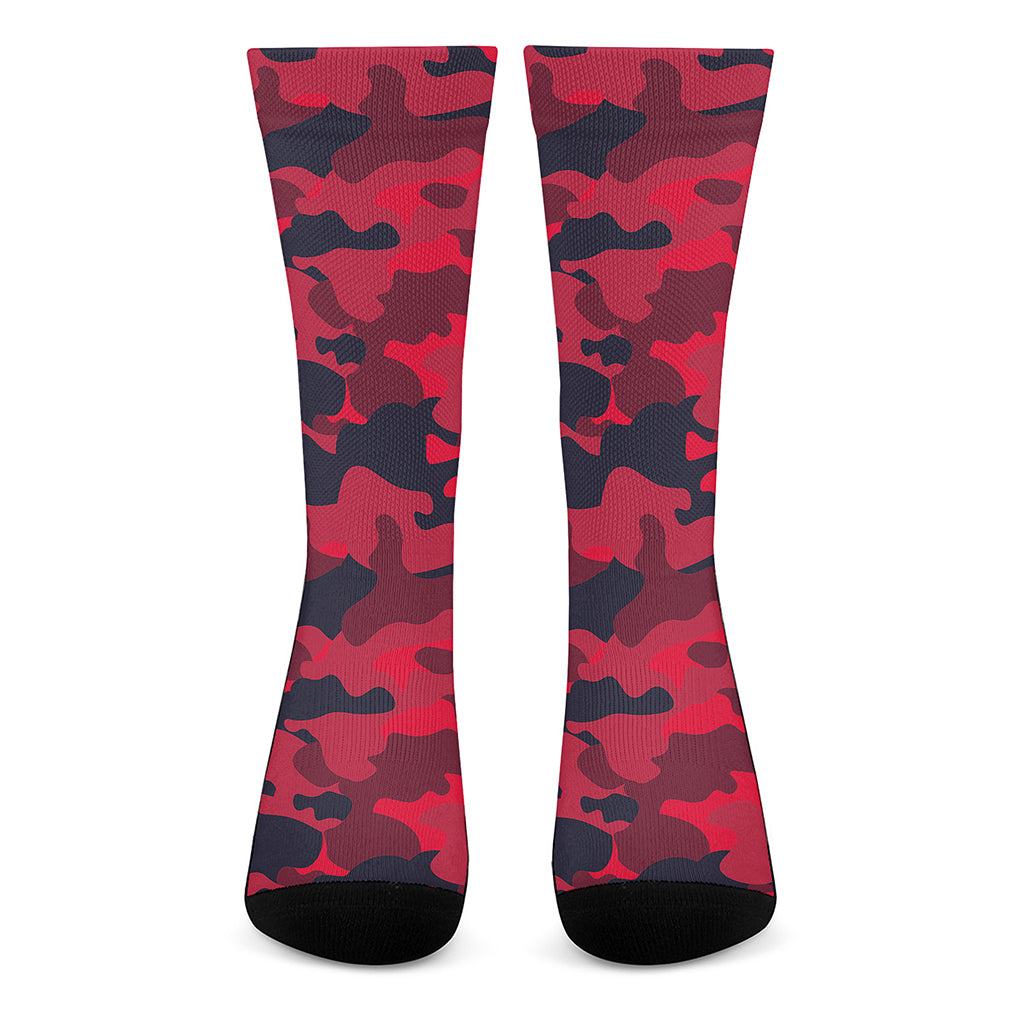 Red Pink And Black Camouflage Print Crew Socks