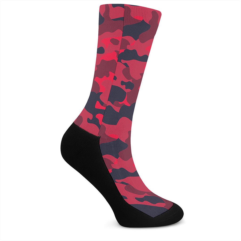 Red Pink And Black Camouflage Print Crew Socks
